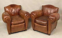 Fine Pair French Deco Brown Leather Club Chairs