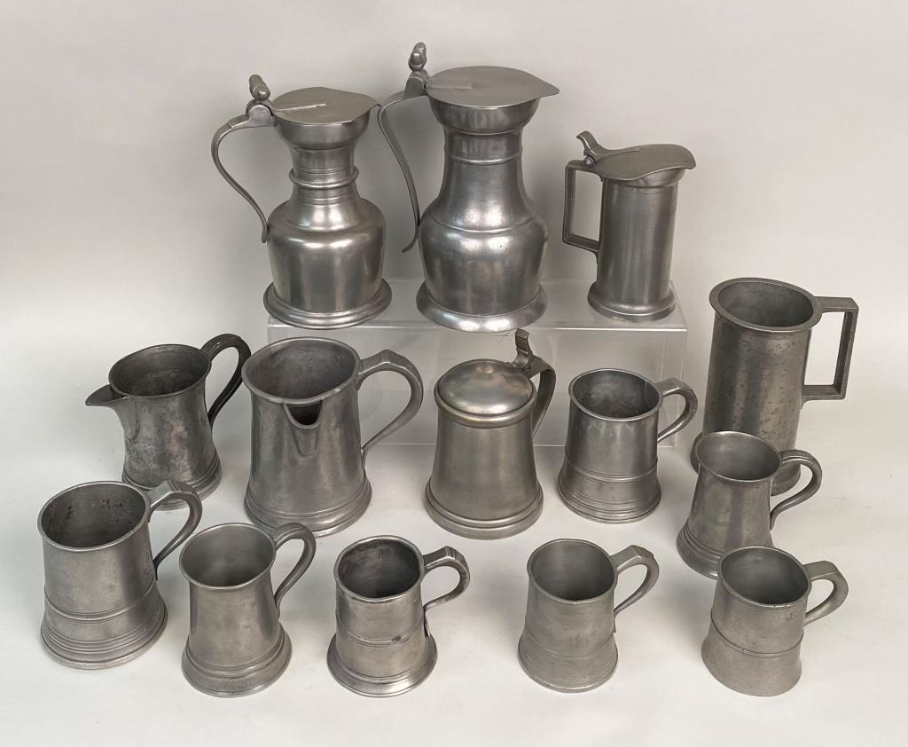 Group Fourteen Antique Pewter Drink Wares (1 of 3)
