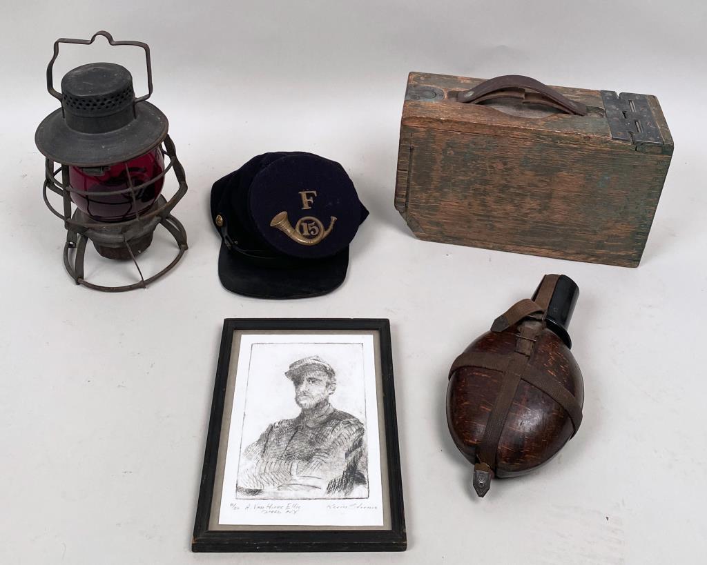 Group War Related Military Items: comprising a DRGM HRF48 "DAK" wooden canteen, kerosene lamp with cranberry glass shade acid etched "POLICE", Civil War hat (possibly re-enactment), a lithograph of A. Van Horne Ellis by Kevin Storms a