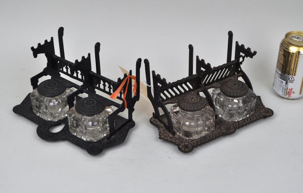 Near Pair Aesthetic Cast Iron Inkwell Desk Sets (1 of 5)