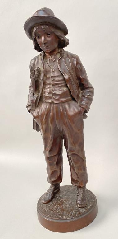 Garnier, Tiffany & Co Bronze Statue, Boy w/Violin: Jean Garnier (French, 1853 -1910). Signed J. Garnier on base with foundry mark. Side marked "448 Tiffany & Co". 16" high, 5 1/4" diameter. Paint transfer, scuffing on side of base, patina wear. Proven