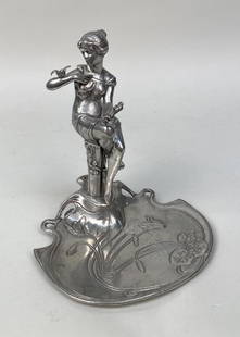 Art Nouveau Pewter Figural Tray: of woman with bird. Signed William Roberts Pewter. 8" high, 6 3/4" wide, 6 1/2" deep. A few oxidation spots, use wear to tray portion.