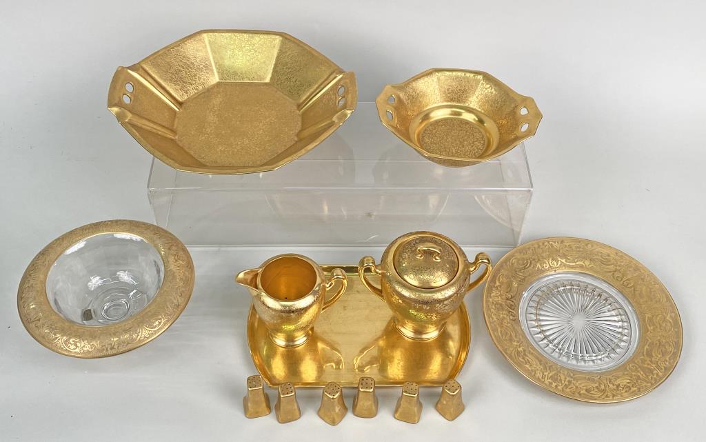 Group Ten 24K Gilt Porcelain & Glass Wares (1 of 5)