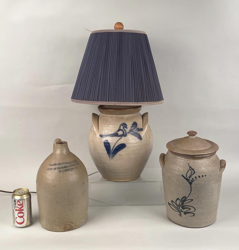 Group Three Stoneware Vessels, Two Blue Stenciled (1 of 10)