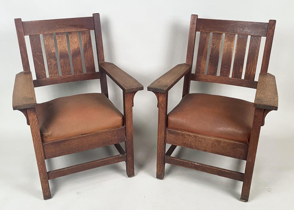 Pair Signed Stickley Arts & Crafts Oak Chairs (1 of 8)