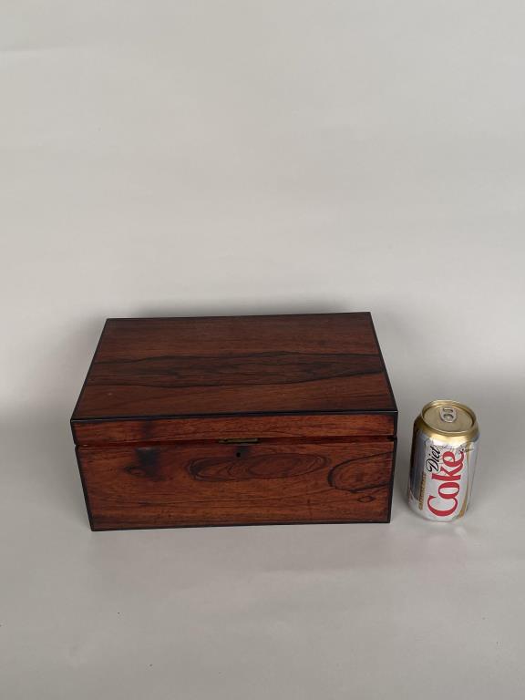 Antique American Traveling Desk Box: rosewood with pine interior tray. 6" high, 12 1/2" wide, 8 1/2" deep. Splits and shrinkage. Property of a Woodbury CT estate.