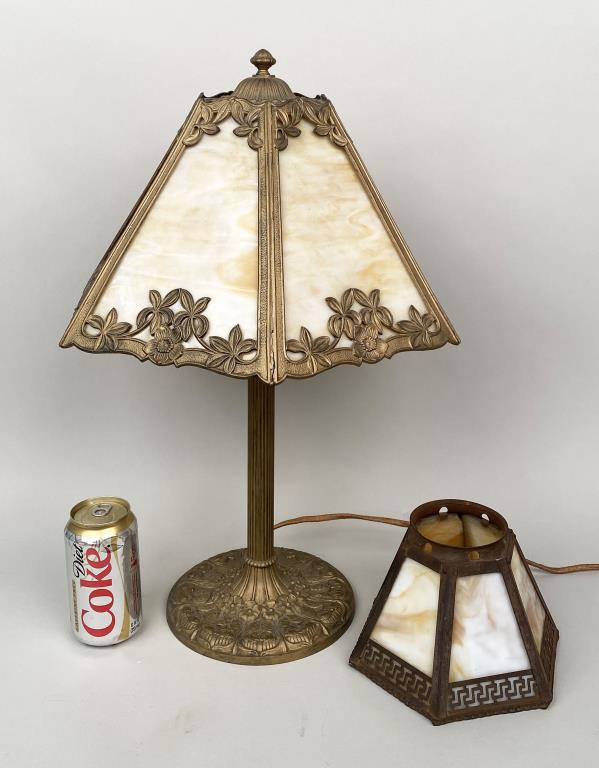Miller Slag Glass Lamp, Small Slag Glass Shade: lamp base signed "EM & Co 1161", base and shade with differing flower and leaf design. Small shade with Greek Key design. Lamp: 21" high, 14 7/8" across. Small shade: 5 1/4" high, 7 5/8" across. Large