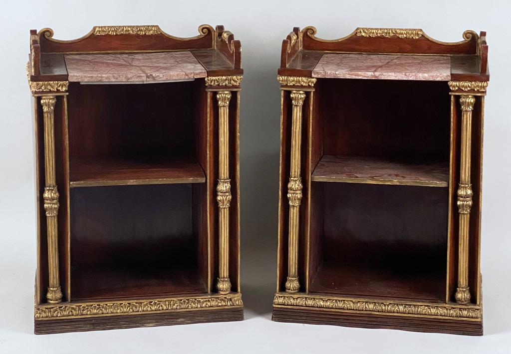 Unique Pair Continental Gilt Mahogany M/T Consoles: with adjustable shelf. 38 1/2" high, 27 1/2" wide, 16 1/2" deep. Age and use wear, repairs, marbles repaired, Sotheby's sticker verso. Property of a Kent CT Collector.
