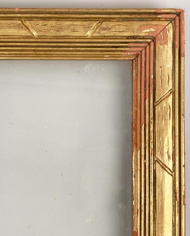 Possible Newcomb Macklin Gilt Picture Frame: frame: 24 3/4" high, 28 3/4" wide. Rabbet: 20 1/4" high, 24 1/4" wide. Estate found, barn stored condition, gilt wear, edge losses, soiling.
