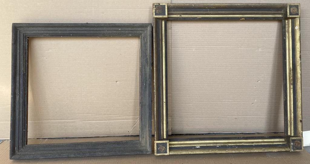 Two Molded Square Form Wood Frames: the larger with raised block corners and parcel gilt accents, missing rosettes; the smaller with old crusty black finish. Larger: 22 1/4" square; rabbet: 18 1/2" by 18 1/2". Estate condition, barn fou