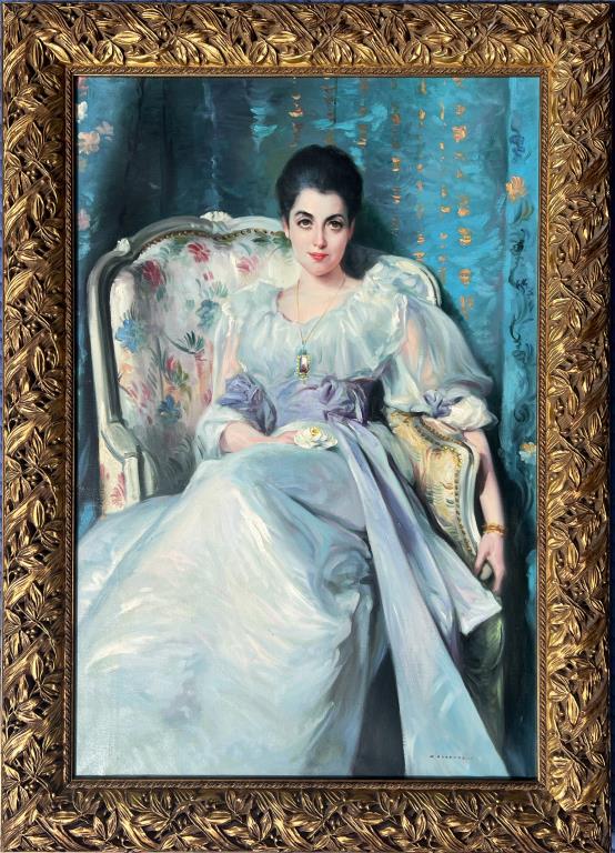 A. Serrure, Portrait of a Lady O/C: (20th Century) in the manner of Sargent, the subject seated in a pale blue gown, fine custom carved giltwood frame. 43" high, 30 3/4" deep. Property from the Estates of Eve & Peter Mancino, Bridgewate
