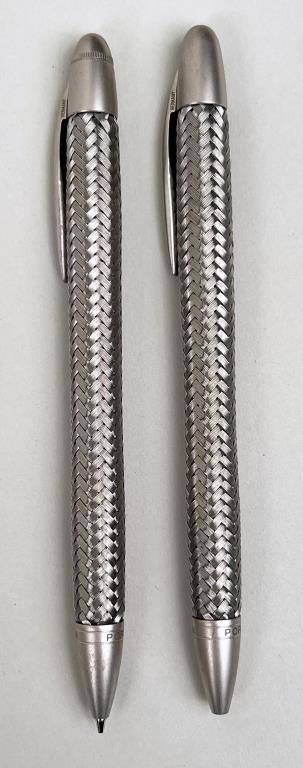 Porsche Design TecFlex Pen & Pencil Set: mechanical pencil and ballpoint pen. Pencil: 5 7/8" long. Light use wear, needs replacement ink and lead. Property from the Estates of Eve & Peter Mancino, Bridgewater, CT.