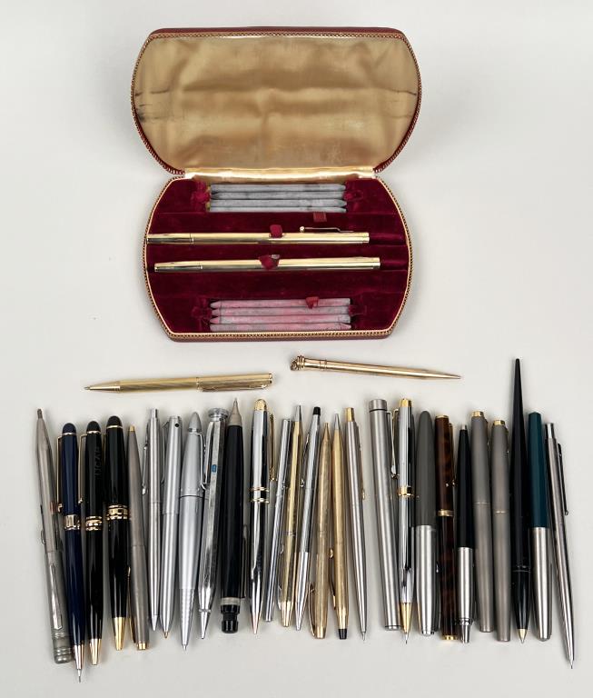 Group Vintage Pens/Pencils: including some fountain pens. Brands include: Cross, Sheaffer, Parker, Quill, Montblanc. Varying levels of use wear, oxidation, scuffs. Property from the Estates of Eve & Peter Mancino, Bridgewater, C