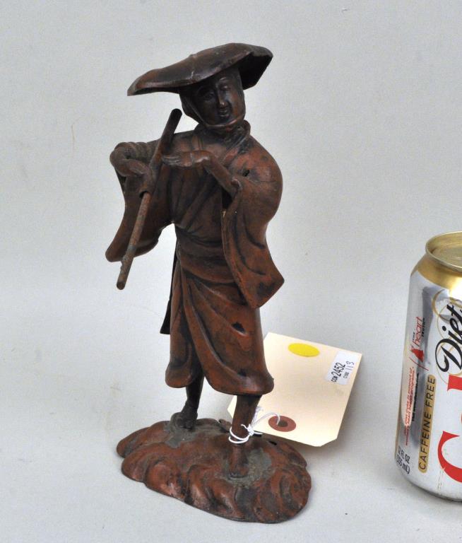Japanese Lacquered Metal Peasant Figure: standing on a naturalistic base. 9" high, 3" wide, 5 1/2" deep. Wear and areas of finish loss. Provenance: Property of a New Haven, CT Collector.