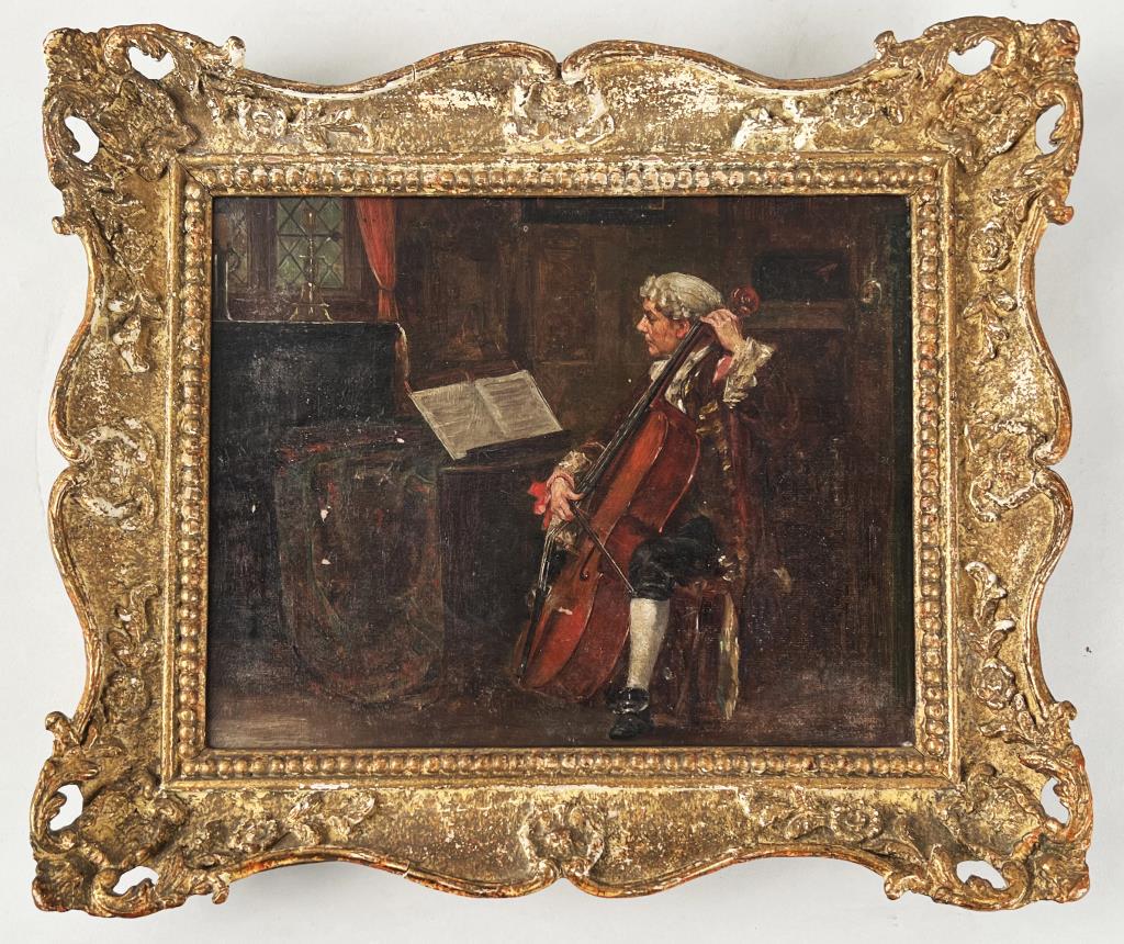 Continental School, Musician Rehearsing,O/C: interior scene with cellist in eighteenth century dress. Frame size: 11 1/4" high, 13" wide. Small paint losses, varnish wear. Property from the Estates of Eve & Peter Mancino, Bridgewater, CT.