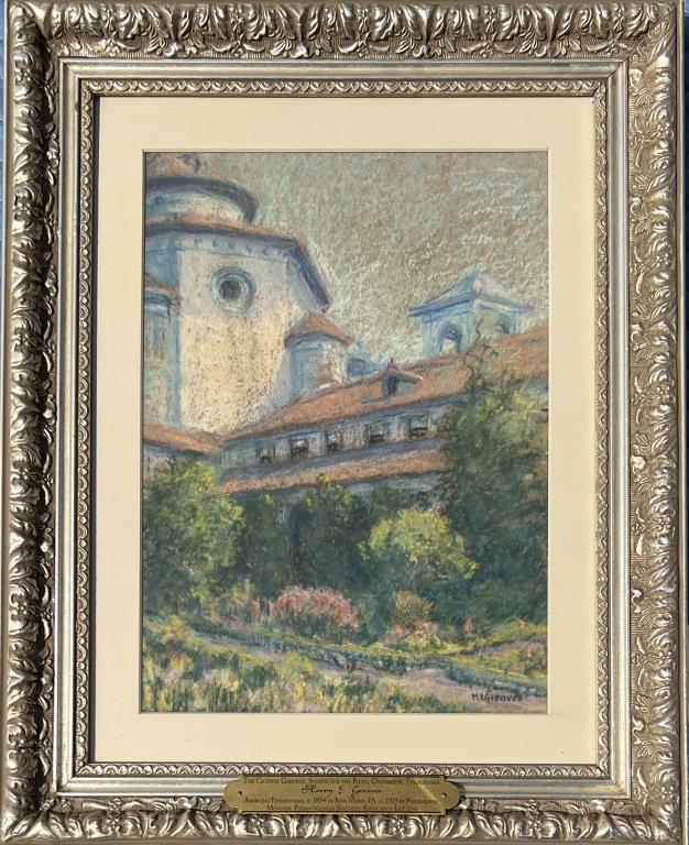 Greaves, P/P The Cloister Gardens: School for the Blind, Overbrook, Philadelphia. Harry E. Greaves (Am. 1854-1919), signed lower right. Frame size: 19 3/4" high, 15 3/4" wide. Not examined out of frame.