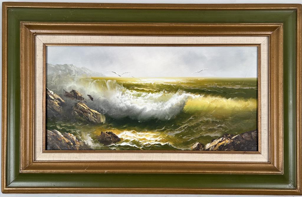 O/C Seascape: unsigned. Frame size: 20 7/8" high, 32 3/4" wide. Frame wear.