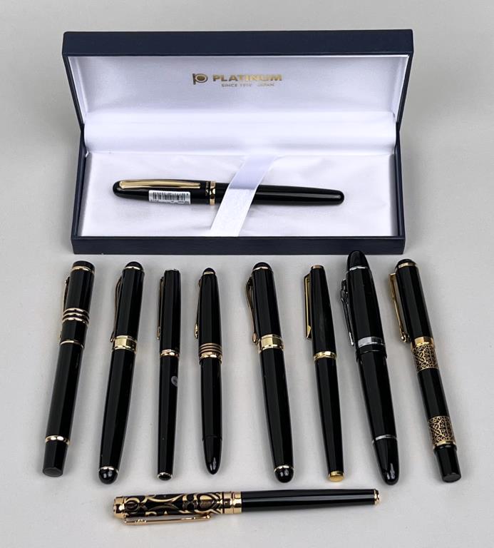 Large Group Fountain Pens: comprising Platinum, Jinhao, Pilot, Waterman Lindauer, and more. Largest: 5 3/4" long. Use wear, scuffs, some bent nibs. Property from the Estates of Eve & Peter Mancino, Bridgewater, CT.
