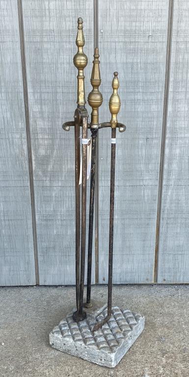Two Antique American Brass Fire Tools & Stand (1 of 3)