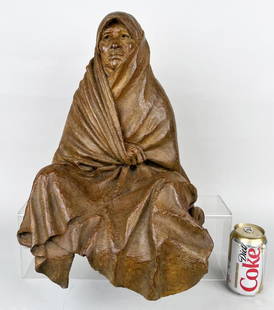 Eisenach, Seated Native American Bronze Sculpture: Barry Eisenach (Am. b 1952), signed 2004 1/30. Seated figure wrapped in a blanket. 17 1/2" high, 12" wide, 13 1/4" deep. Likely was originally mounted on base (acrylic base pictured is not included an