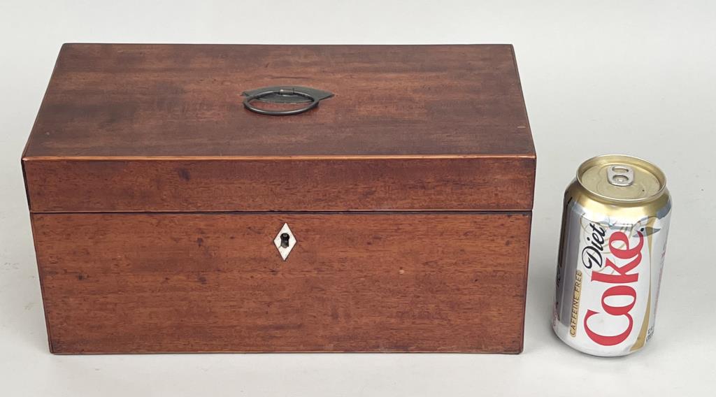 Antique English Tea Caddy: with mixing glass insert, bone escutcheon. 6" high, 12" wide, 6" deep. Property of a NC gentleman.