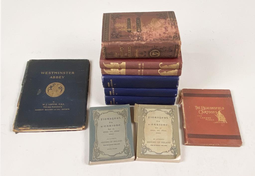 Books of Irish and English Interest, 10 Volumes: including Macfarlan, "The Poems of Ossian", 3 vol. London, 1807 and "An Authentic History of Ireland" 2 vol. Chicago, 1903. Largest: 14" high, 10 1/4" wide. Most in poor condition with staining, wear 