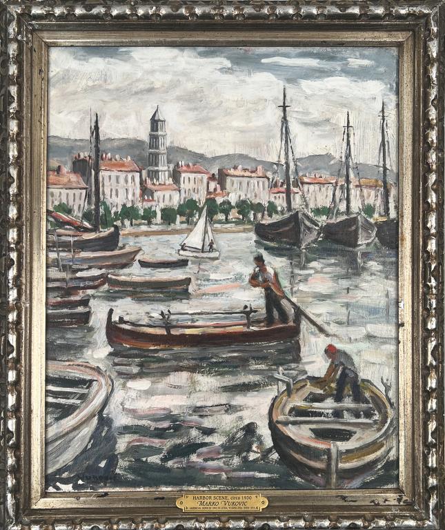 Vukovic, O/B Harbor Scene: Marko Vukovic (Am. 1892-1973) c. 1930. Signed lower left. Frame size: 23 3/4" high, 19 5/8" wide. Slight frame losses.