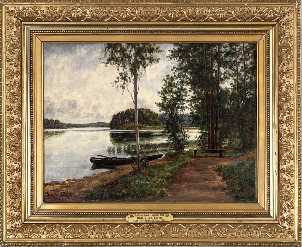 Von Essen, O/C Lakeside Boat and Bench: Didrik von Essen (Swedish, 1856-1922) Signed and dated 1900. Frame size: 20" high, 24 1/2" wide.