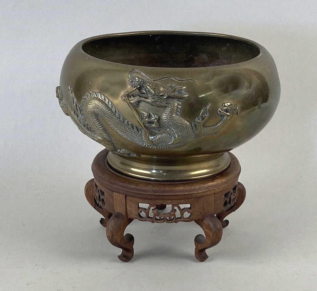 Asian Brass Dragon Bowl, Carved Wood Stand (1 of 6)