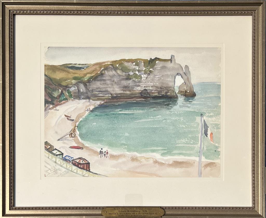 Kronberg, W/C Beach Scene: 1935, Etretate, France. Louis Kronberg NA (Am. 1872-1965). Signed and dated Aug. 23d, 1935 Etretat lower left. Pencil signature verso, inscribed “To Dr. Julius A———, with my best wishes, Louis