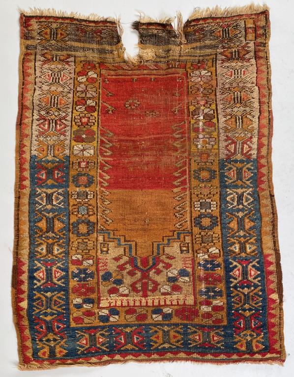Caucasian Prayer Rug: 3' 3" wide, 4' 7" long. Rips, fading, use wear. All rugs sold as is. Property of a Darien, CT Estate.