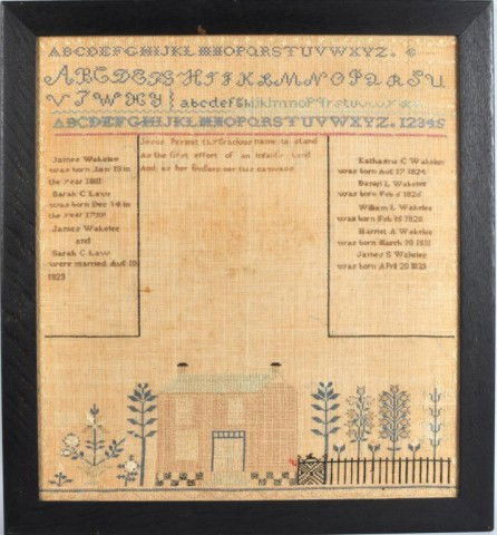Fine Alphabet/Pictorial Sampler, 19th C.: A fine alphabet and pictorial sampler, Wakelee family of Woodbury, mid-19th century. Silk on linen, with rows of alphabets separated by decorative rows of stitching over the motto "Jesus permit thy gr
