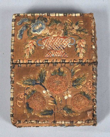 Woods Indian Needlework Decorated Box: A fine Woods Indian needlework decorated and birch bark box, in two parts, with finely worked floral motifs, circa 1880. Prov: collection of Avis & Rockwell Gardiner. 3 1/2" high, 2 1/2 " wide,1" deep