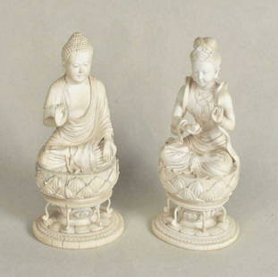 Chinese Ivory Figures, Man/Woman, 19th C.: Antique Chinese ivory figurines, both marked on bottom. Cracks in heads. 19th century Both measure 8 1/4" high.