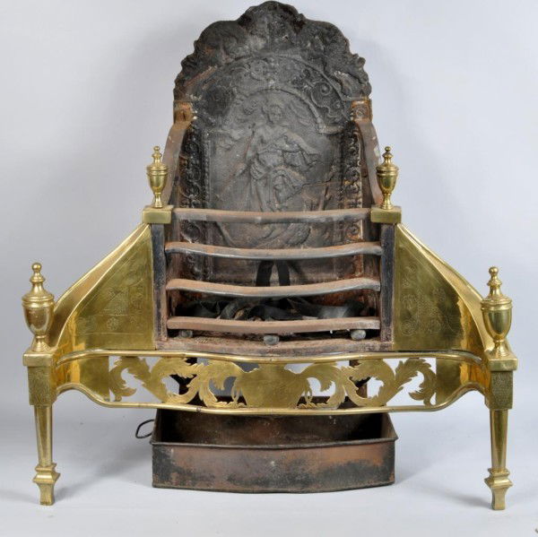Adam Brass Fireplace Stove, Cast Iron Back: Adam brass fireplace stove with incised detail, cast iron pictorial back and urn form finials with square tapered legs and spade feet. England, 19th century. 30 1/2' high, 29 1/2" wide, 14" deep. From