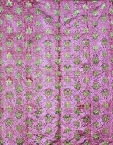 Rare Chinese Silk/Gold Coverlet, 19th C.: Very fine and rare red silk, velvet and gold boullion thread embroidered coverlet, Chinese, 19th century. 78" high, 88" wide Provenance: A California private collector