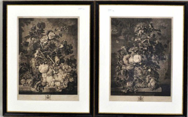 2 Mezzotints, Rich. Earlom, London 1778, 1781: Two Richard Earlom (1743-1822) mezzotints, dated 1788 & 1781, both after Jan van Huysum (1682-1749). First is known as "A Flower Piece," second "A Fruit Piece" both originally in the collection of Sir