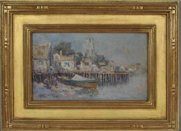 Arthur Diehl, O/B Provincetown Dock Scene: Arthur V. Diehl, (American, 1870-1929), framed oil on board, untitled, Provincetown scene with pier, figures and boat in foreground, landscape beyond, signed lower left. Image size 5 1/2" high, 9 1/2"