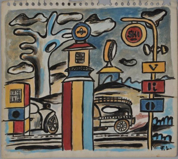 Original Fernand Leger Gouache, c. 1940s: Original gouache by Fernand (Joseph Henri) Leger (1881-1955) of automobiles at a filling station with the page still bearing the original sketch pad perforations at top. Verso stamp reading: "Collezio