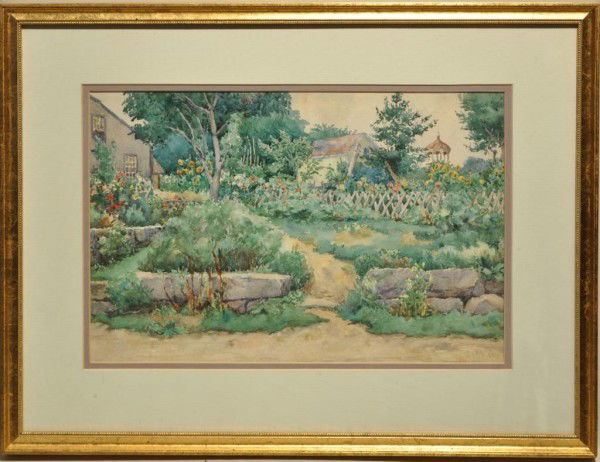 Joseph Henry Sharp Framed Watercolor: Joseph Henry Sharp (American, 1859-1953), Landscape, garden scene with cottage, barn, and gazebo beyond, watercolor on paper, signed lower right and dated '91. Image size: 9 1/2" high, 14" wide; Frame