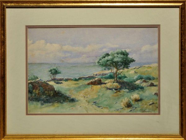 Joseph Henry Sharp Framed Watercolor: Joseph Henry Sharp (American, 1859-1953), Landscape, coastal view with rocky overlook under fair skies with the sea beyond, watercolor on paper, signed lower right and dated '91. Image size: 9 1/2" hi
