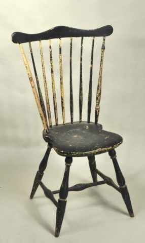 Fan Back Windsor in Old Paint: Fan back nine spindle windsor side chair with serpentine shaped crest and exaggerated trapezoidal seat. Massachusetts, 18th century. Apparently early or original conforming left brace. 39 1/2" high, 2