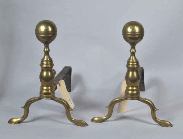 Pair Federal Brass Andirons, Boston 19th C.: Pair 19th century Boston Federal brass andirons. 14 1/4" high, 16" deep. From a Virginia collector.