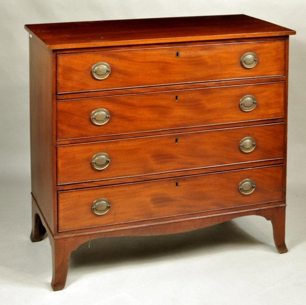 Hepplewhite Mahogany Chest of Drawers: Hepplewhite mahogany straight front chest of drawers, the case with four cockbeaded long drawers raised on French feet. New England, c.1800. 37 1/2" high, 41 1/2" wide, 20" deep.