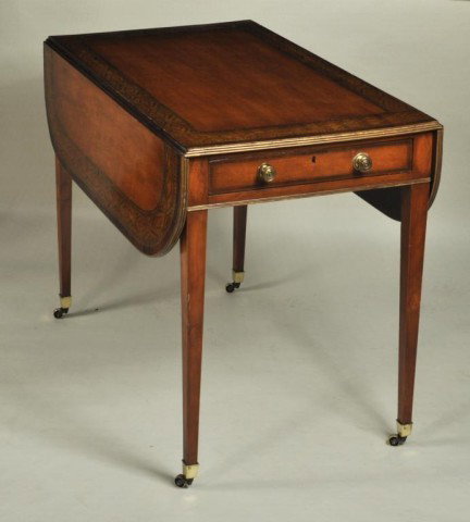 Hepplewhite Mahogany/Painted Pembroke Table: Hepplewhite mahogany and paint-decorated Pembroke table, rectangular crossbanded and paint-embellished top with two falling leaves over a base with one crossbanded and line-inlaid end drawer and one b