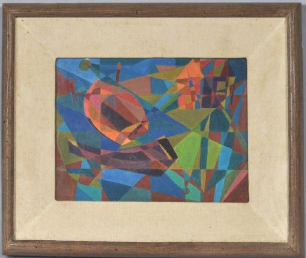 H. Gerardia, Abstract Painting "By The Sea": Helen Gerardia (American, 1903-1988), casein on canvas, depicting multi-hued abstract geometric shapes, signed lower right, paper labels verso with title, artist address, and exhibition information. I