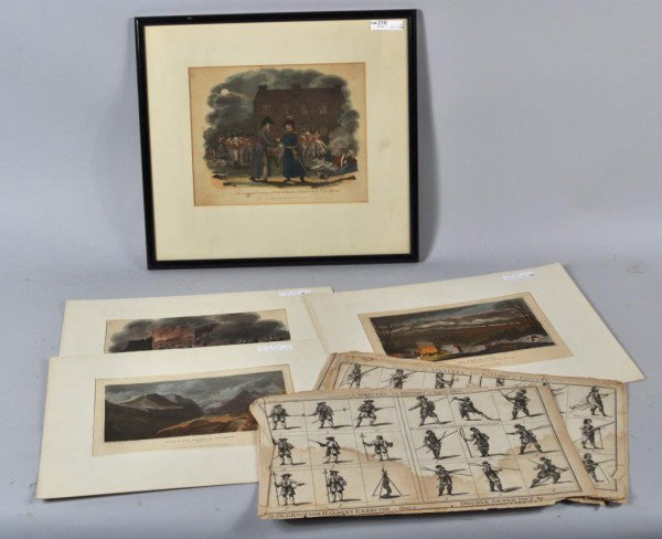 10 Military Engravings & Prints 1794 & 1816: Four 1816-1817 hand-colored engravings of battle scenes, 3 published by Thomas Kelly, one framed, all images measuring approx. 8" high, 10" wide including borders; and six 1793-1794 black and white en