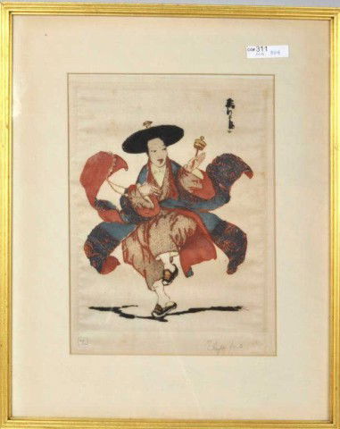 Color Etching Elyse Lord (1900-1971): Hand-colored etching of Asian dancer by Orientalist Elyse Ashe Lord (1900-1971) who actively exhibited from 1915 through 1939 in London with the Lefevre Gallery, and at the height of the Arts Decorati