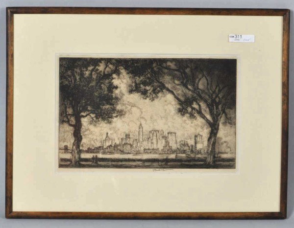 Joseph Pennell (1860-1926) Etching, c. 1915: Joseph Pennell (1860-1926) etching: "New York, from Governor's Island/New York, from Hamilton Ferry," in original frame. Label on back from Frederick Keppel & Co., NY. Etching is 8" high, 12 3/8" wide