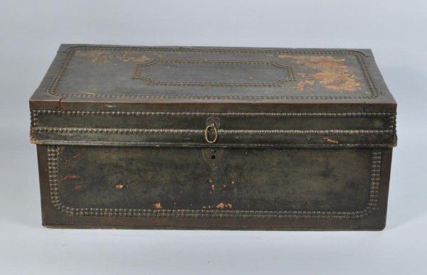 Small Leather Clad & Brass Camphorwood Chest: Small leather-clad and brass-embellished camphorwood storage chest, Chinese export, 19th century. Wear consistent with age. Label inside "Ashoe No. 5". 10" high, 25" wide, 13" deep